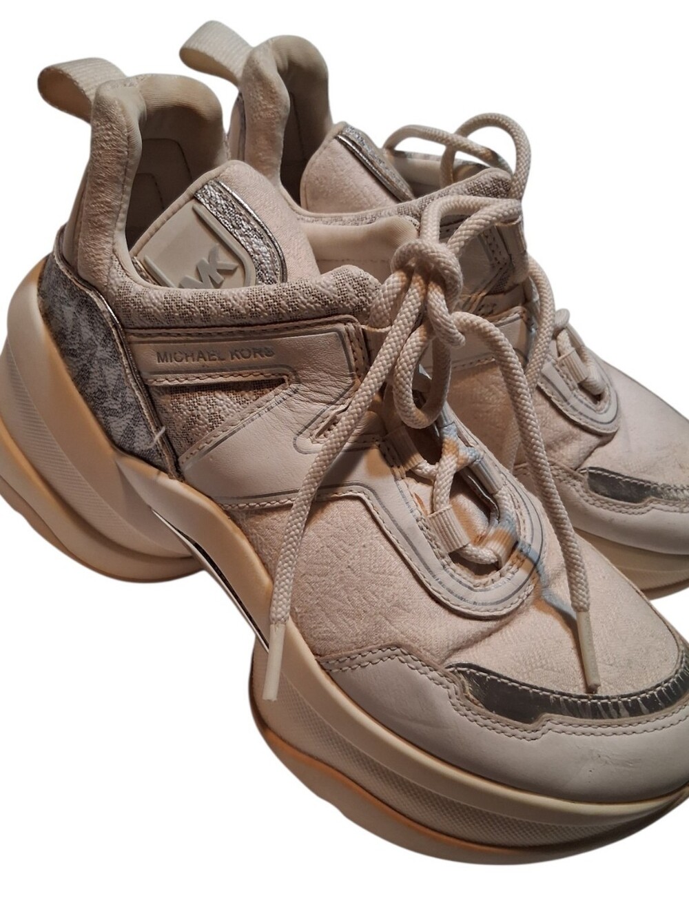 Michael Kors Olympia Chunky Platform Sneakers Pink Monogram Logo Trim Distressed